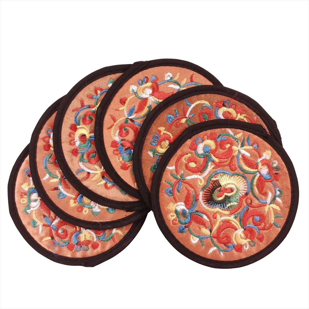 Embroidered Round Coaster (Small) Light Reddish Brown 9.5cm, 1pc