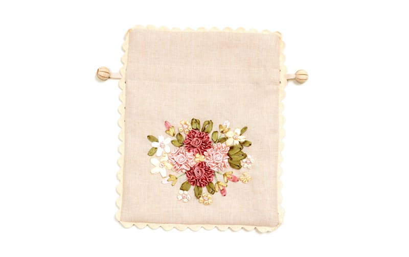 Ribbon Embroidered Drawstring Pouch 17×22cm [Rose Ruban] | Japan Finds
